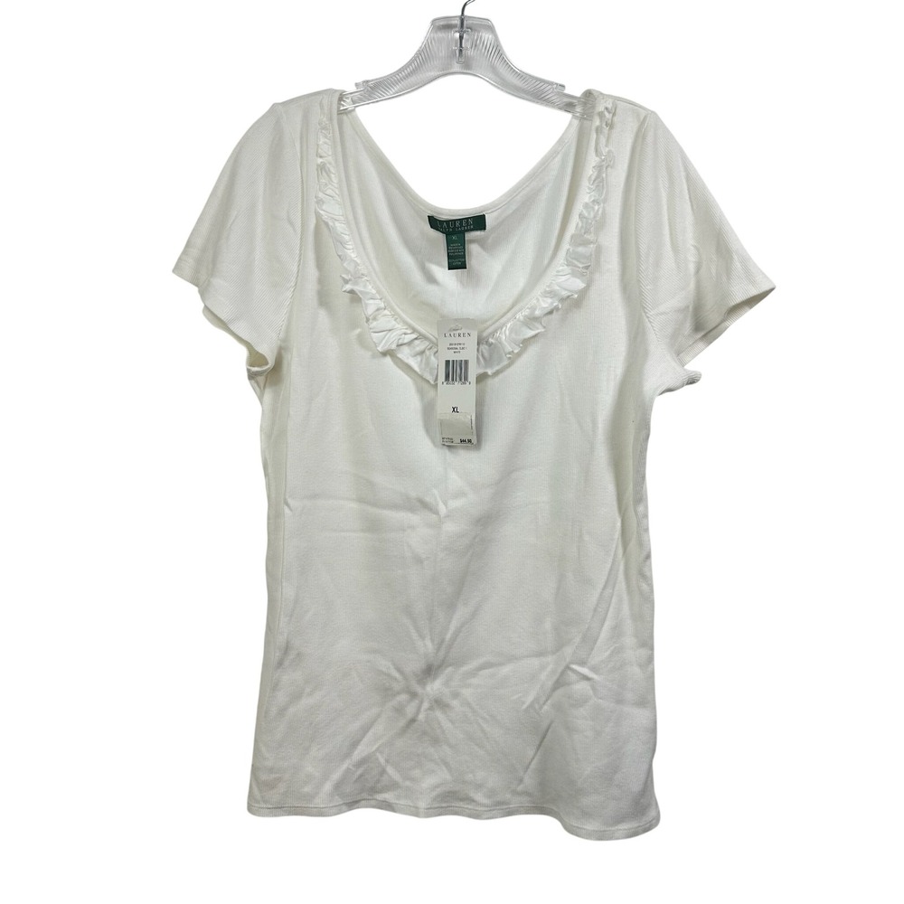 Lauren Ralph Lauren White Ribbed Ruffle Scoop Neck Cotton Top XL